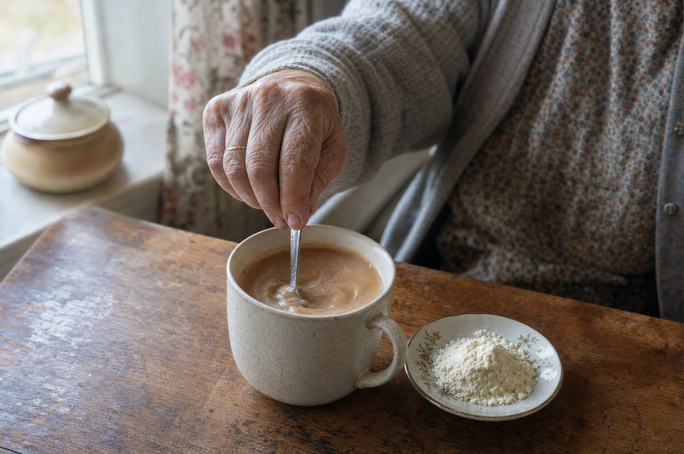 A wooden scoop of fine cream-white goat milk powder