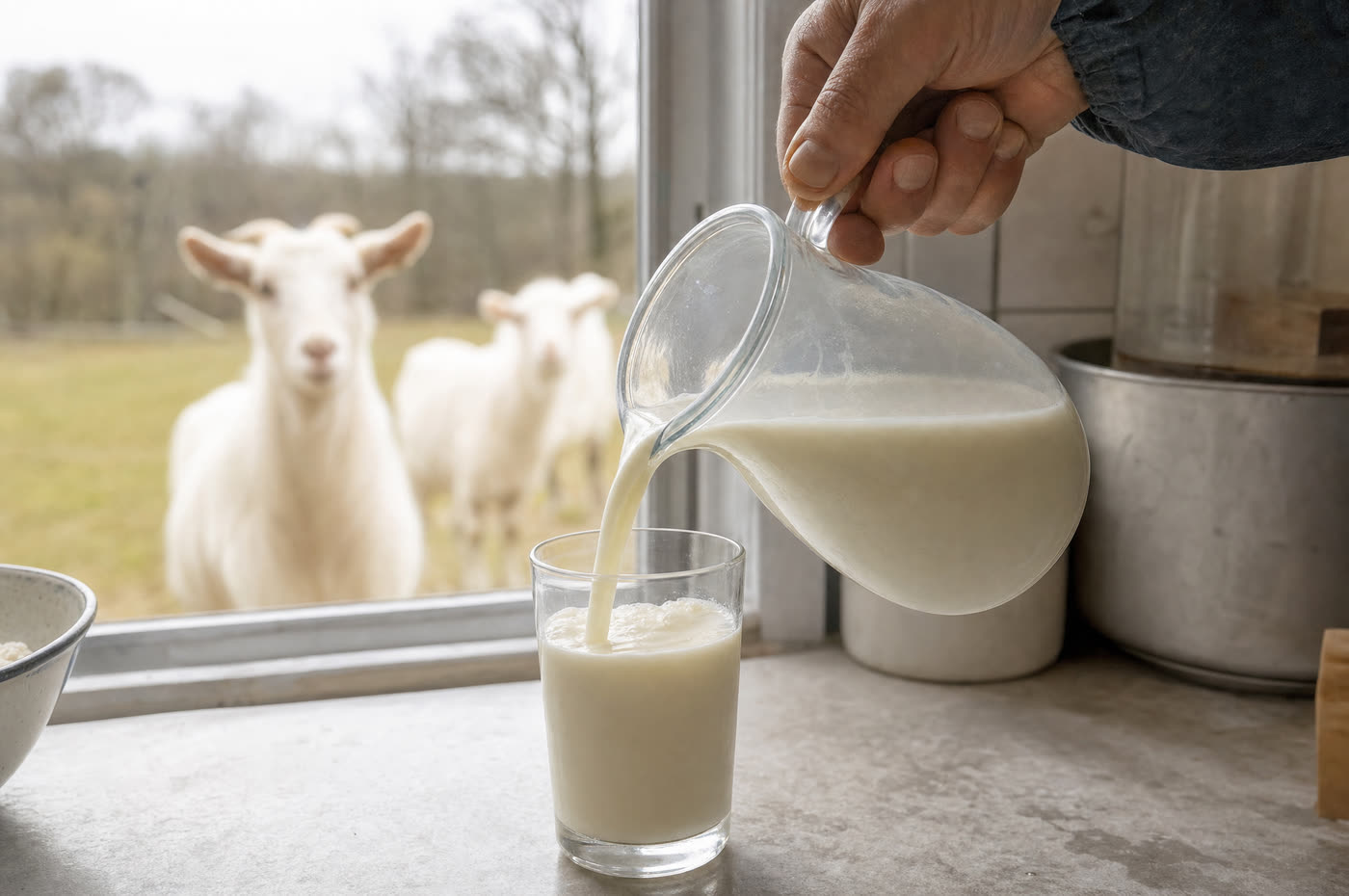 A glass of fresh goat's milk with goats grazing in the pasture behind