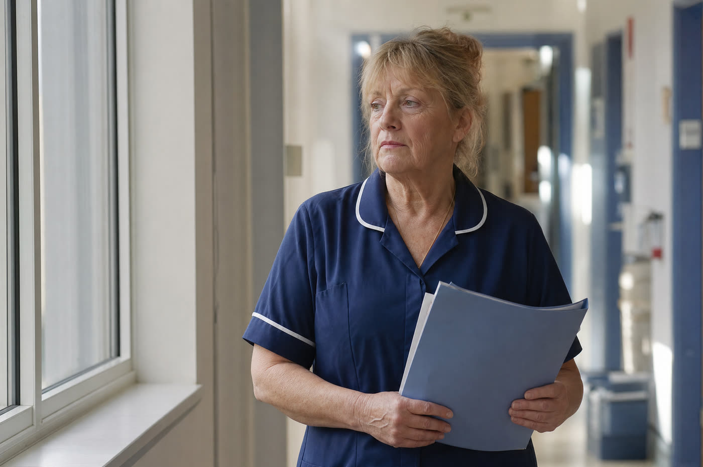 A nurse in a hospital corridor holding a patient folder